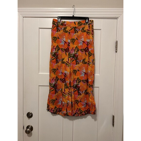 Women Linen Pants Wide Leg Orange Tropical Multi Color C&C California Size Large - Picture 1 of 7